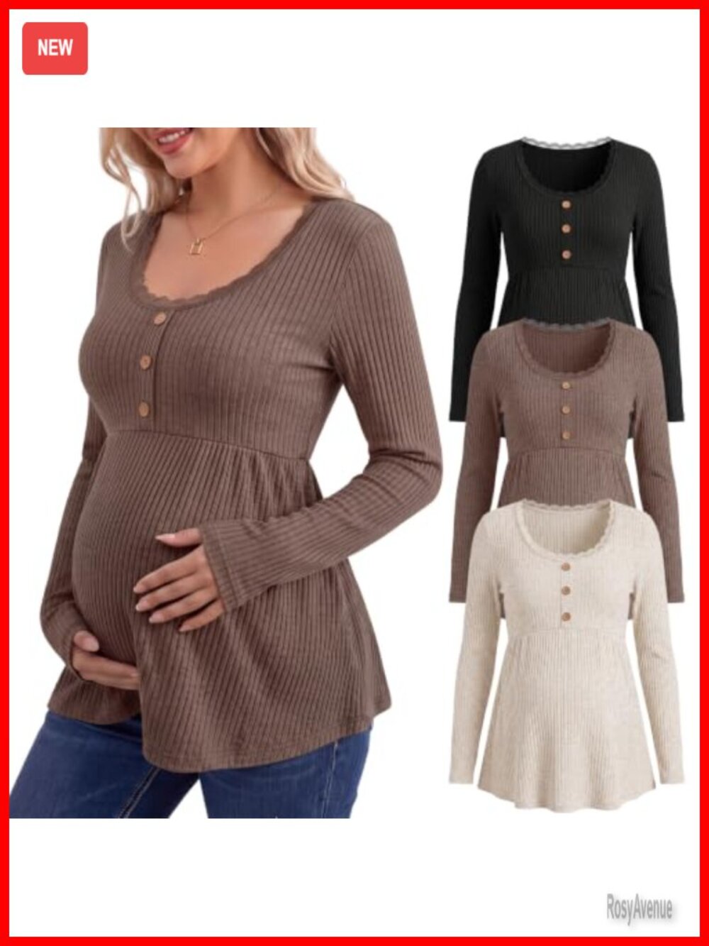Maternity Ribbed Lace Tunic Top 3 Pack Long Sleeve Pregnancy Shirt